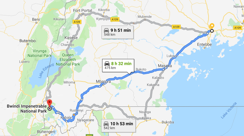 gorilla safari map from Entebbe to Bwindi
